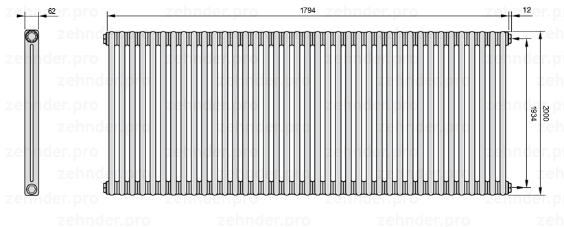 Схема (чертеж) Радиатор Zehnder Charleston 2200/39 №7610 Белый глянцевый RAL 9016